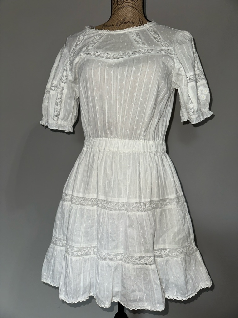 Zara White Swiss Dot Lace Tiered Short Dress size M